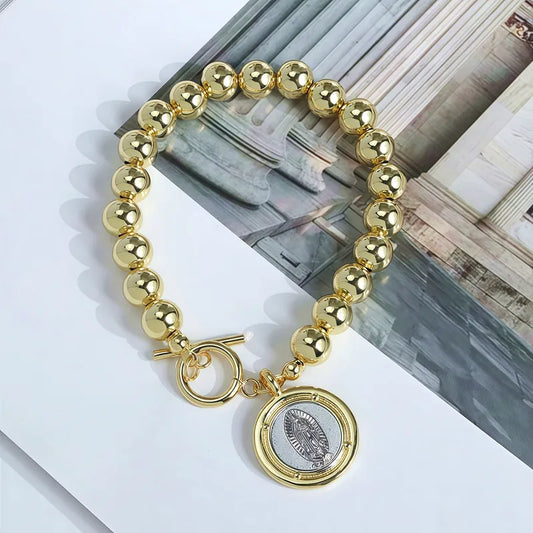 Vintage Geometric Round Virgin Mary Pendant Gold-Plated Copper Beads DIY Beaded OT Clasp Bracelet Jewelry Vacuum Electroplating