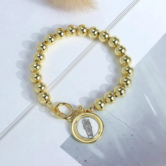 Vintage Geometric Round Virgin Mary Pendant Gold-Plated Copper Beads DIY Beaded OT Clasp Bracelet Jewelry Vacuum Electroplating