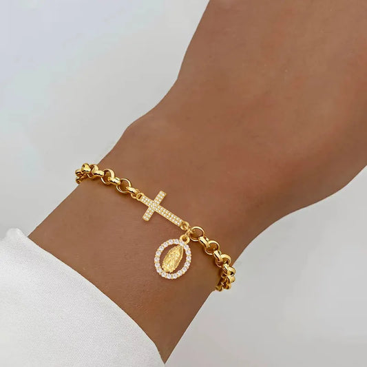 Vintage Gold Oval Virgin Mary Cross 201 Stainless Steel 18K Gold Plated Zircon Chain Women's Bracelet