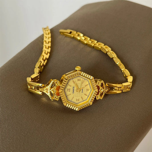 Vintage Gold Quartz Watch For Women Compact Elegant Stylish Alloy Bracelet Luxury Miniature Precision High-End Sensation