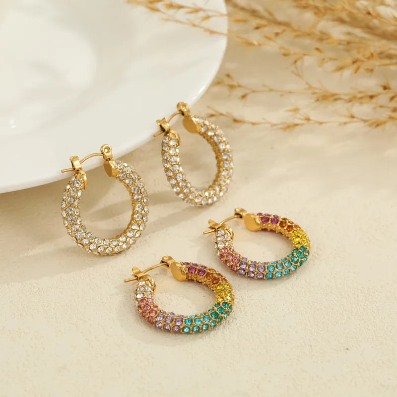 Vintage Inlaid Zircon 304 Stainless Steel Earrings Elegant Women's Stud Earrings Semi-Circular Encrusted Vacuum Electroplated 18K Real Gold