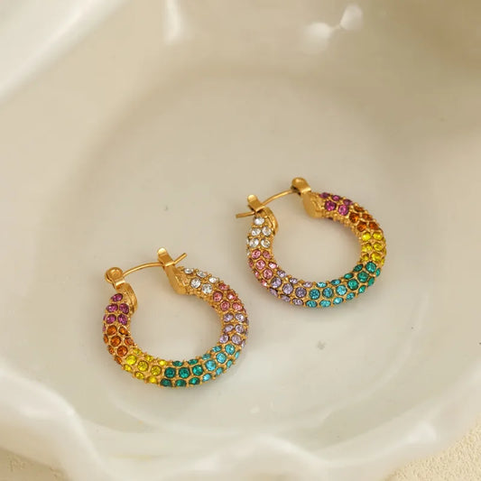 Vintage Inlaid Zircon 304 Stainless Steel Earrings Elegant Women's Stud Earrings Semi-Circular Encrusted Vacuum Electroplated 18K Real Gold