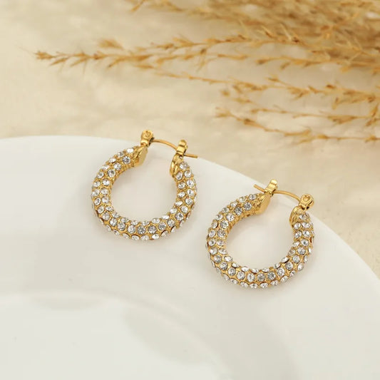 Vintage Inlaid Zircon 304 Stainless Steel Earrings Elegant Women's Stud Earrings Semi-Circular Encrusted Vacuum Electroplated 18K Real Gold