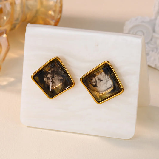 Vintage Oil Painting Style Twisted Square Stainless Steel Earrings For Women Color Collision Glaze Makeup Accessories