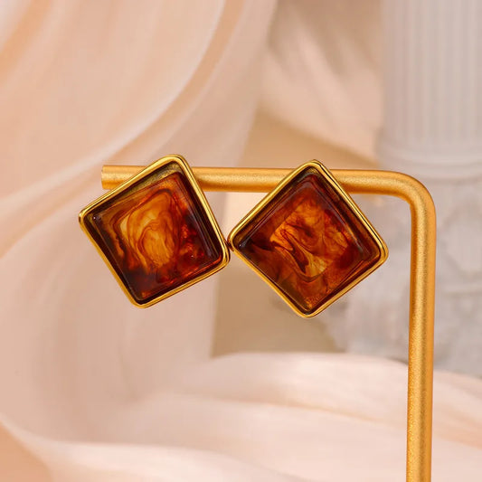 Vintage Oil Painting Style Twisted Square Stainless Steel Earrings For Women Color Collision Glaze Makeup Accessories