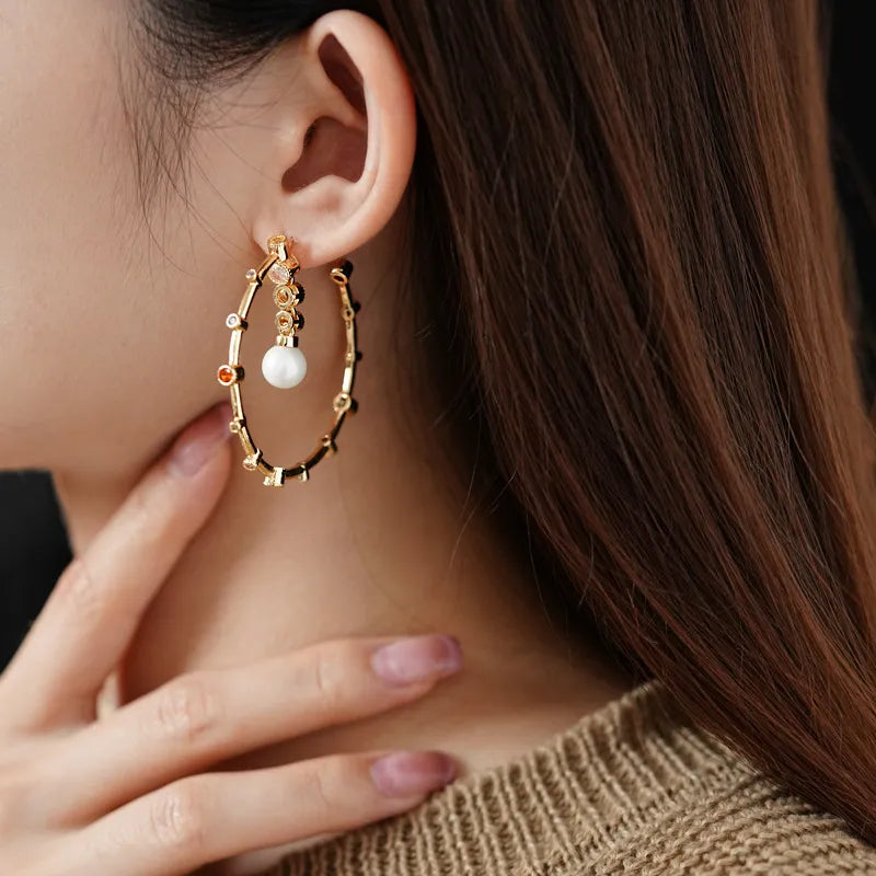 Vintage Silver Needle Earrings With Artificial Pearl And Zirconium C-Shape Women's Luxury High-End Pearl Earring Jewelry