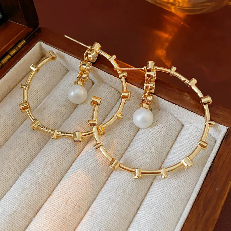 Vintage Silver Needle Earrings With Artificial Pearl And Zirconium C-Shape Women's Luxury High-End Pearl Earring Jewelry