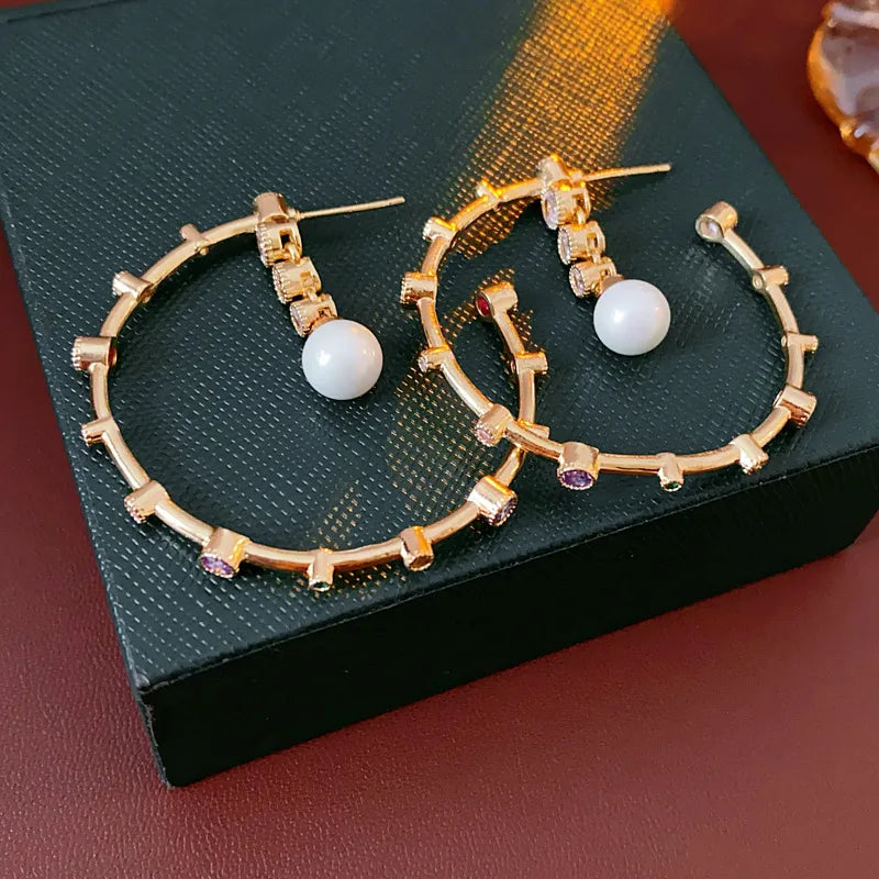 Vintage Silver Needle Earrings With Artificial Pearl And Zirconium C-Shape Women's Luxury High-End Pearl Earring Jewelry