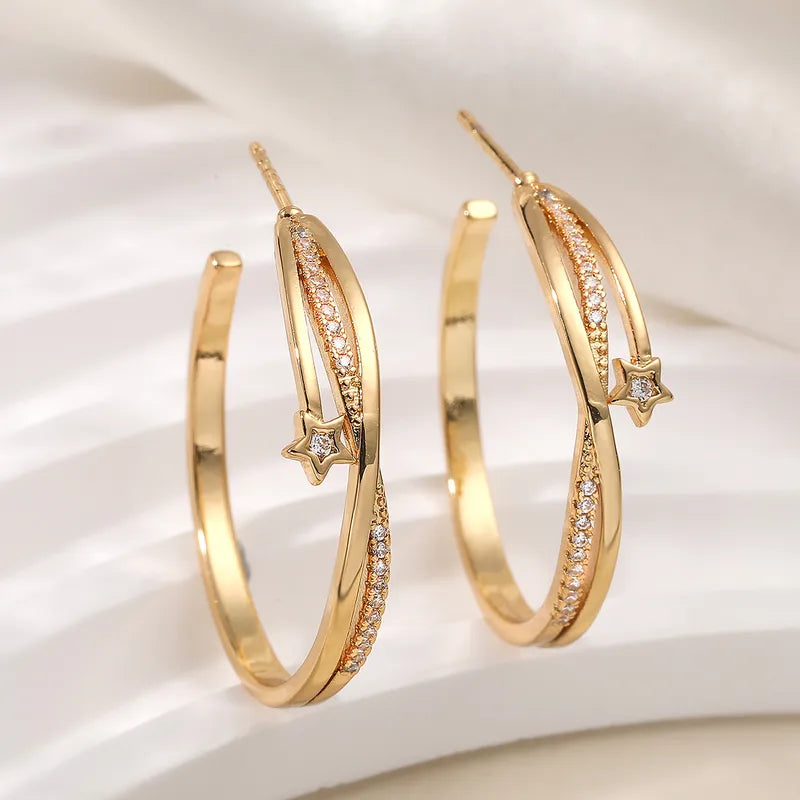 Vintage Water Plated 18K Gold Copper Zircon Geometric Hoop Earrings For Women