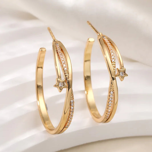 Vintage Water Plated 18K Gold Copper Zircon Geometric Hoop Earrings For Women