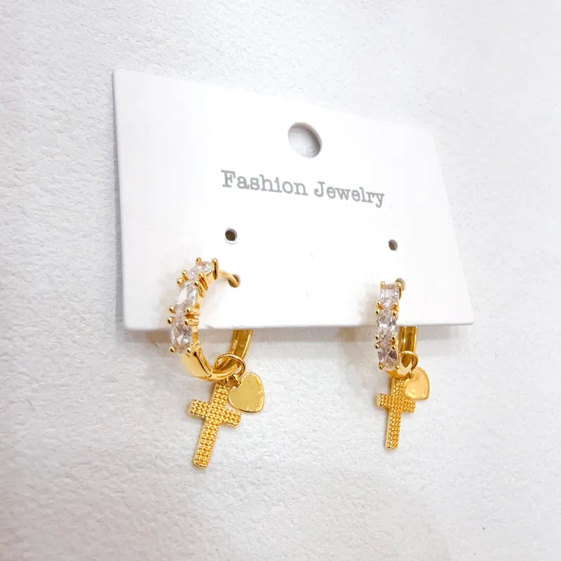 Water Plated Zircon Cross Heart Shaped Earrings Women's Fashion Jewelry Daily Wear Copper Material Four Seasons Universal