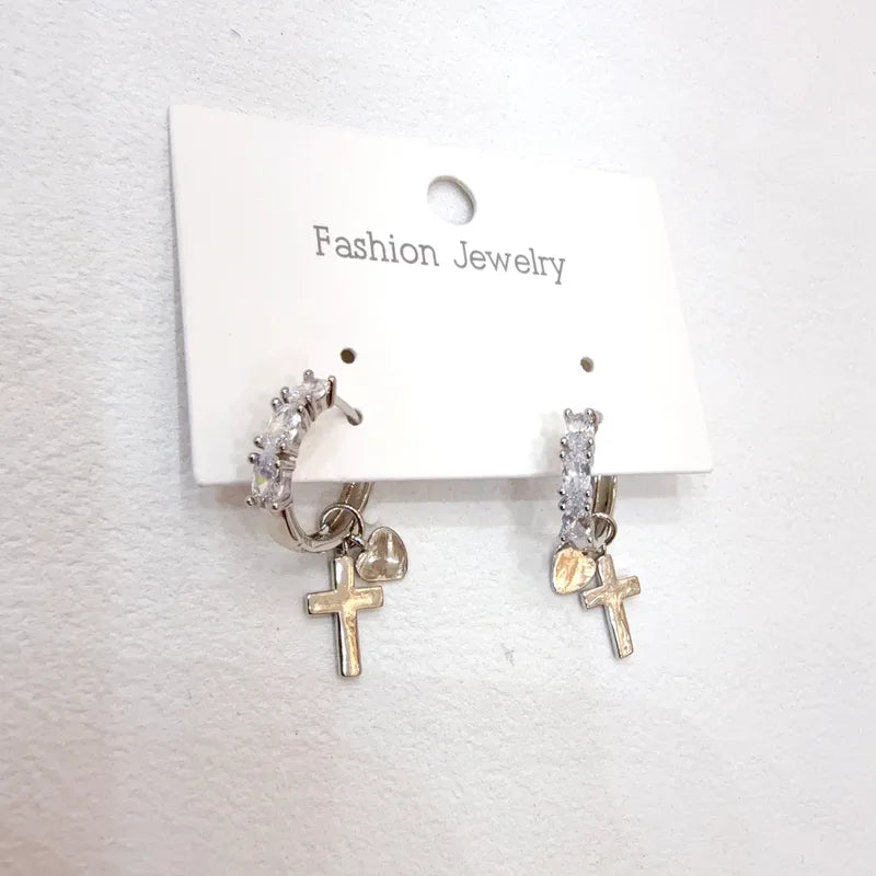 Water Plated Zircon Cross Heart Shaped Earrings Women's Fashion Jewelry Daily Wear Copper Material Four Seasons Universal