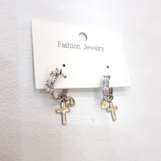 Water Plated Zircon Cross Heart Shaped Earrings Women's Fashion Jewelry Daily Wear Copper Material Four Seasons Universal