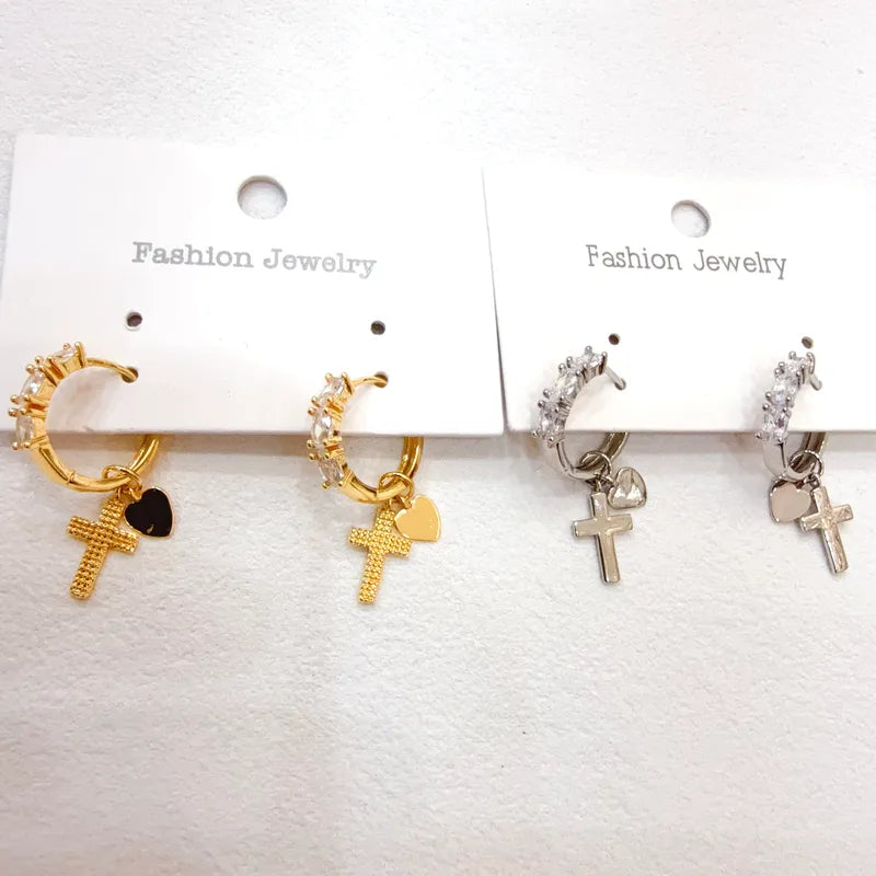 Water Plated Zircon Cross Heart Shaped Earrings Women's Fashion Jewelry Daily Wear Copper Material Four Seasons Universal