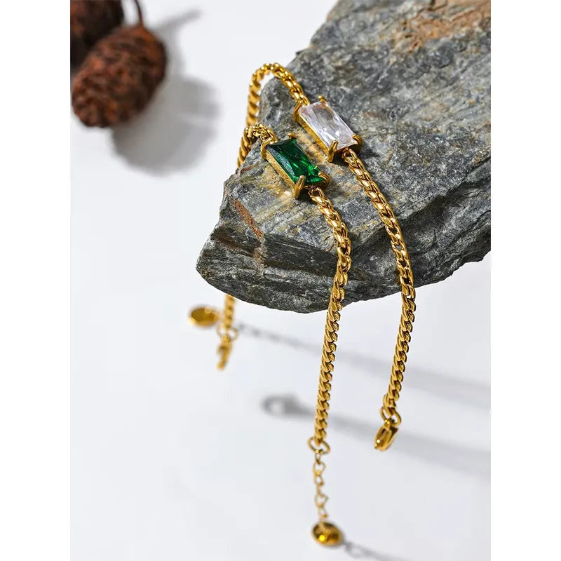 Waterproof Stainless Steel Square Colorful Zircon Women's Bracelet Simple Design Geometric Gold-Plated Jewelry