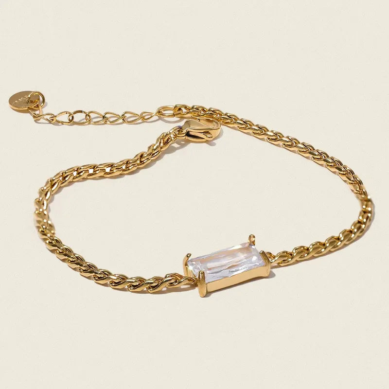 Waterproof Stainless Steel Square Colorful Zircon Women's Bracelet Simple Design Geometric Gold-Plated Jewelry