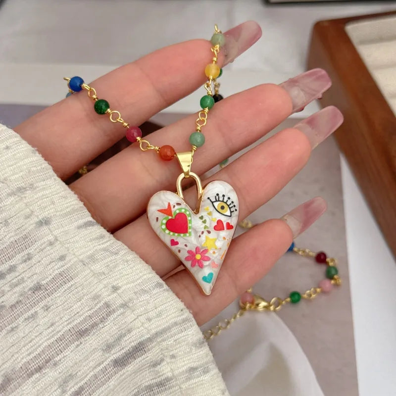 Wholesale Jewelry Artistic Heart Shape Copper 18K Gold Plated Asymmetrical Printing Pendant Necklace Beaded Chain