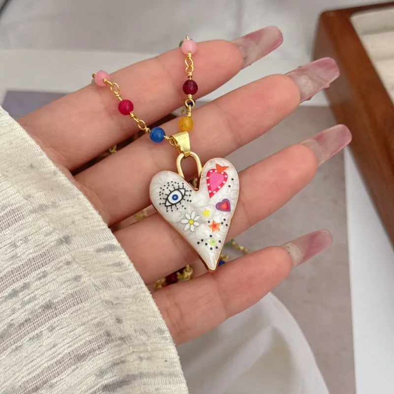 Wholesale Jewelry Artistic Heart Shape Copper 18K Gold Plated Asymmetrical Printing Pendant Necklace Beaded Chain