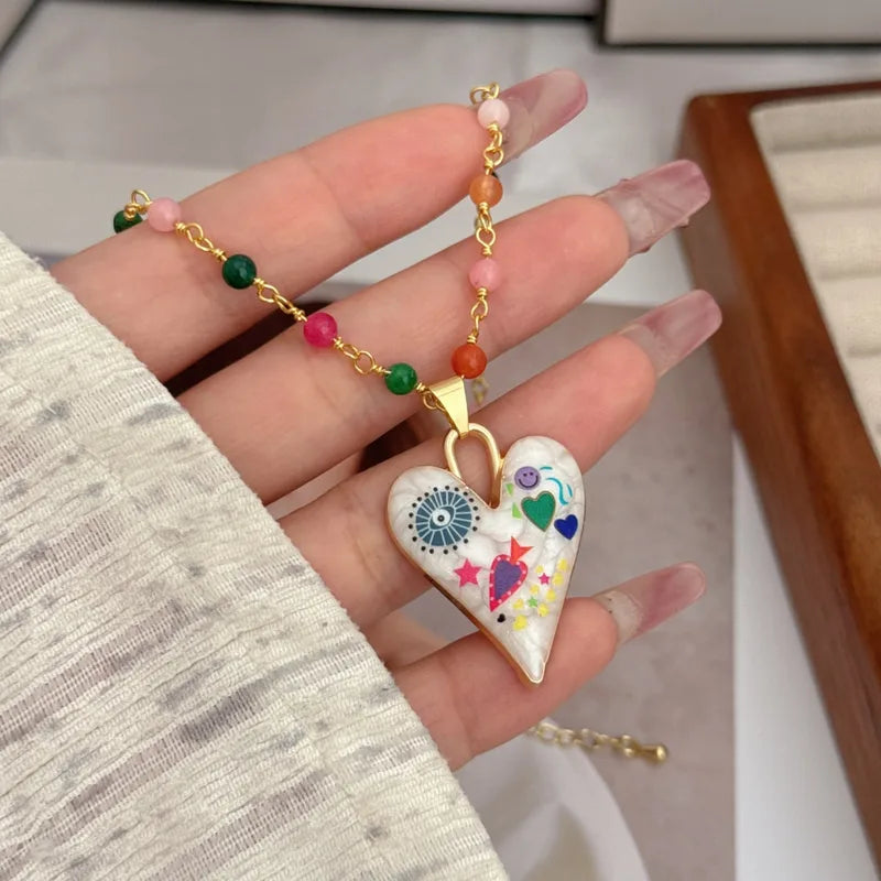 Wholesale Jewelry Artistic Heart Shape Copper 18K Gold Plated Asymmetrical Printing Pendant Necklace Beaded Chain
