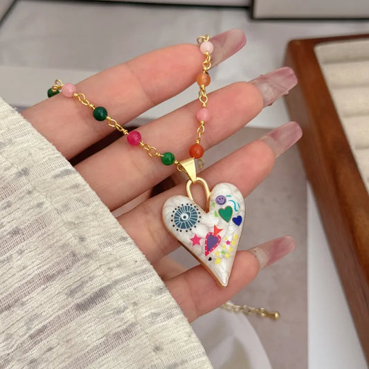 Wholesale Jewelry Artistic Heart Shape Copper 18K Gold Plated Asymmetrical Printing Pendant Necklace Beaded Chain
