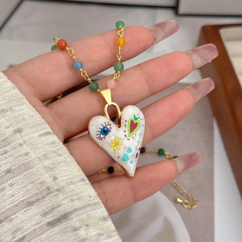 Wholesale Jewelry Artistic Heart Shape Copper 18K Gold Plated Asymmetrical Printing Pendant Necklace Beaded Chain