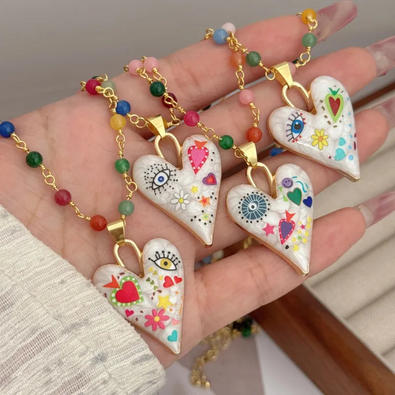 Wholesale Jewelry Artistic Heart Shape Copper 18K Gold Plated Asymmetrical Printing Pendant Necklace Beaded Chain