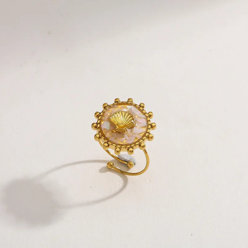 Wholesale Jewelry Casual Cute Hawaiian Geometric Shell 304 Stainless Steel Natural Broken Shell Glue 18K Gold Plated Plating Inlay Open Rings