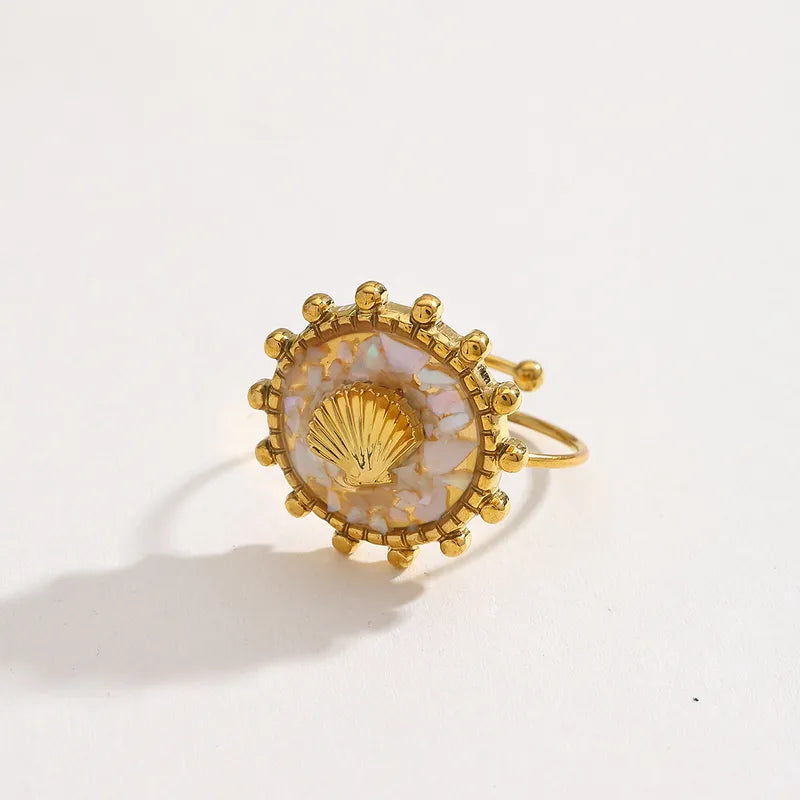 Wholesale Jewelry Casual Cute Hawaiian Geometric Shell 304 Stainless Steel Natural Broken Shell Glue 18K Gold Plated Plating Inlay Open Rings