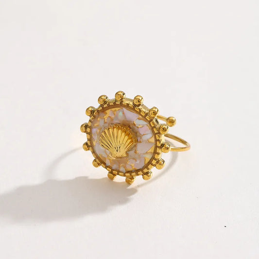 Wholesale Jewelry Casual Cute Hawaiian Geometric Shell 304 Stainless Steel Natural Broken Shell Glue 18K Gold Plated Plating Inlay Open Rings