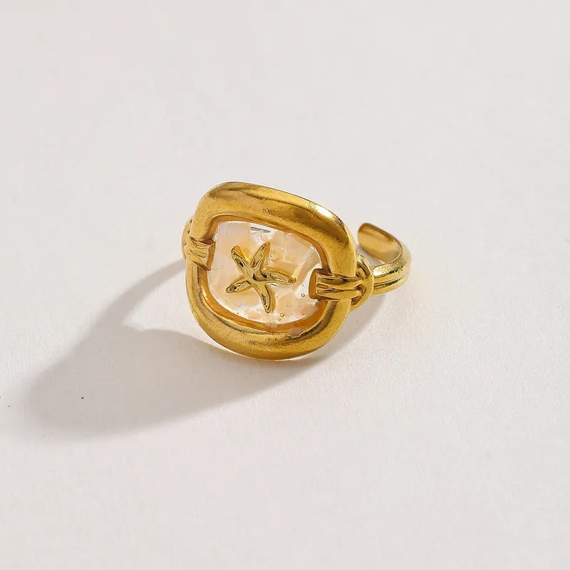 Wholesale Jewelry Casual Cute Hawaiian Geometric Starfish 304 Stainless Steel Natural Broken Shell Glue 18K Gold Plated Plating Inlay Open Rings
