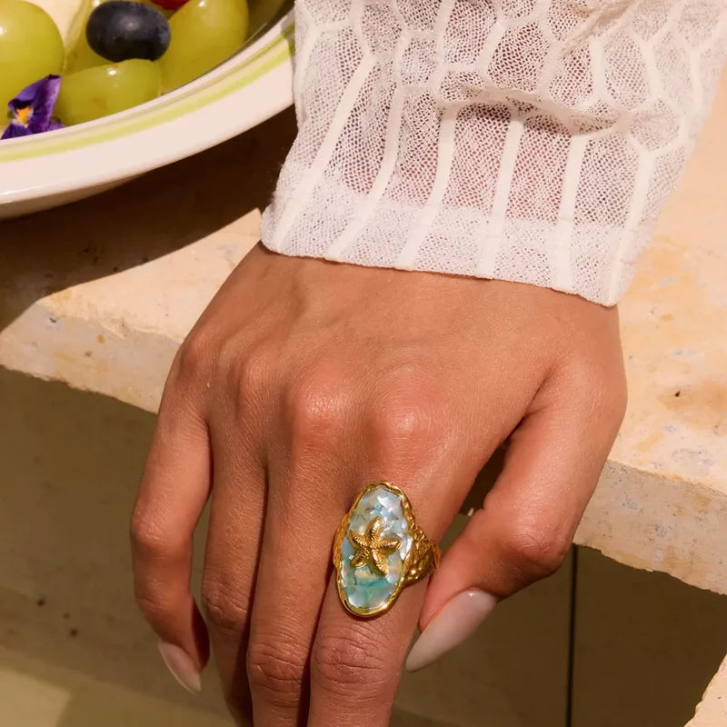 Wholesale Jewelry Casual Cute Hawaiian Geometric Starfish 304 Stainless Steel Natural Broken Shell Glue 18K Gold Plated Plating Inlay Open Rings