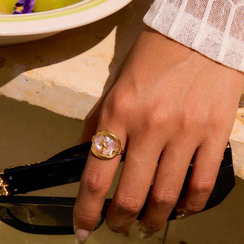 Wholesale Jewelry Casual Cute Hawaiian Geometric Starfish 304 Stainless Steel Natural Broken Shell Glue 18K Gold Plated Plating Inlay Open Rings