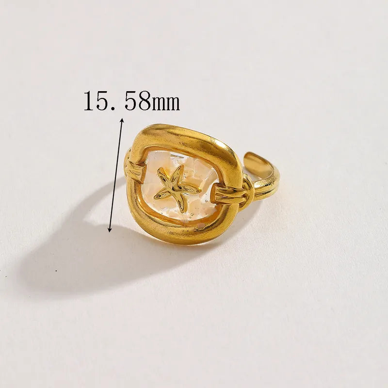 Wholesale Jewelry Casual Cute Hawaiian Geometric Starfish 304 Stainless Steel Natural Broken Shell Glue 18K Gold Plated Plating Inlay Open Rings