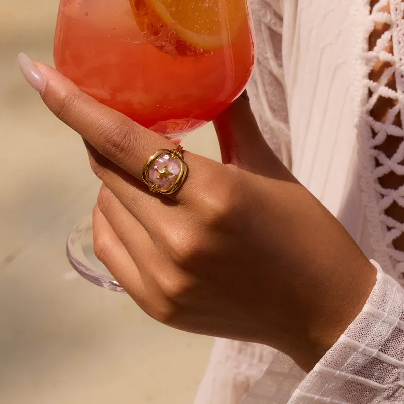 Wholesale Jewelry Casual Cute Hawaiian Geometric Starfish 304 Stainless Steel Natural Broken Shell Glue 18K Gold Plated Plating Inlay Open Rings