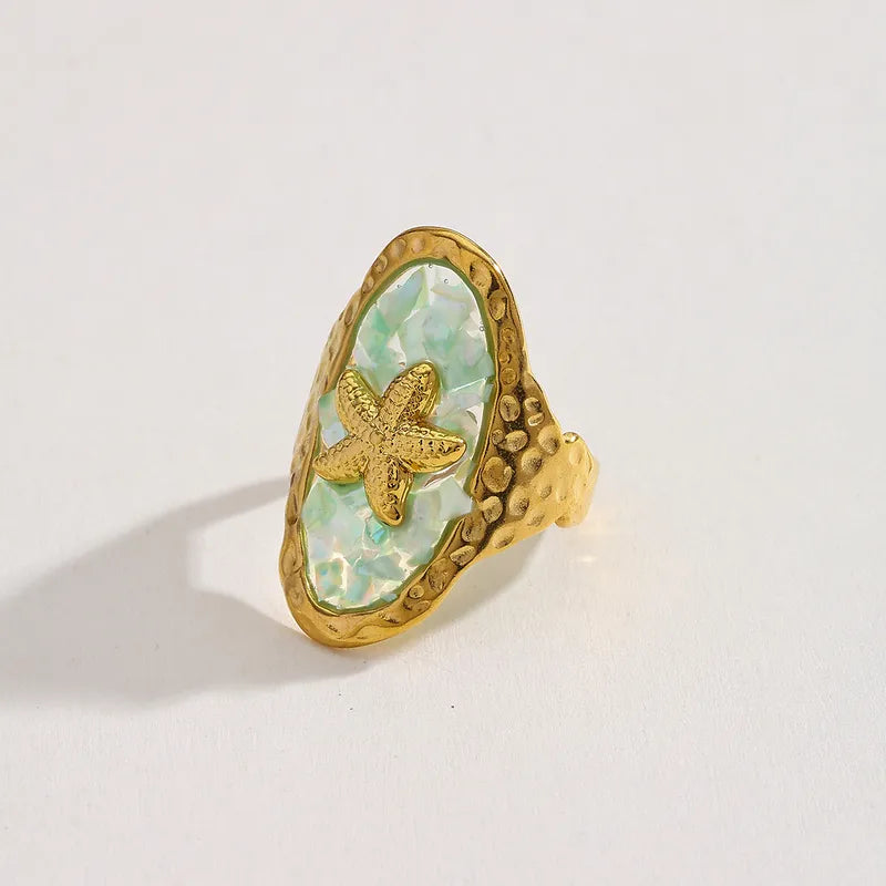 Wholesale Jewelry Casual Cute Hawaiian Geometric Starfish 304 Stainless Steel Natural Broken Shell Glue 18K Gold Plated Plating Inlay Open Rings