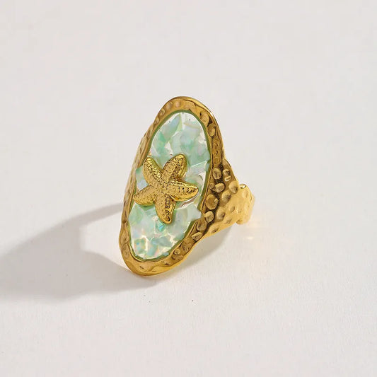 Wholesale Jewelry Casual Cute Hawaiian Geometric Starfish 304 Stainless Steel Natural Broken Shell Glue 18K Gold Plated Plating Inlay Open Rings