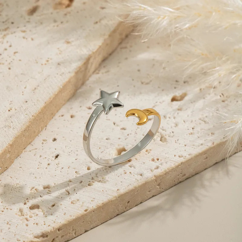 Wholesale Jewelry Casual Elegant Star Moon 304 Stainless Steel 18K Gold Plated PVD Coated Polishing Plating Rings