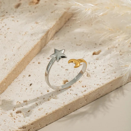 Wholesale Jewelry Casual Elegant Star Moon 304 Stainless Steel 18K Gold Plated PVD Coated Polishing Plating Rings