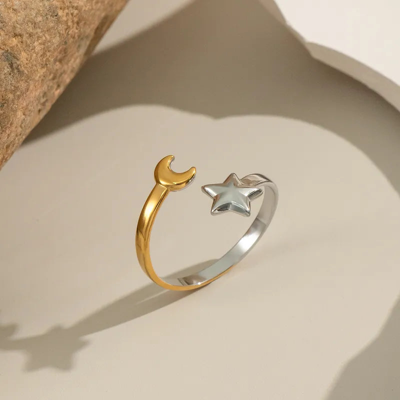 Wholesale Jewelry Casual Elegant Star Moon 304 Stainless Steel 18K Gold Plated PVD Coated Polishing Plating Rings