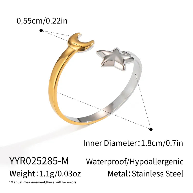 Wholesale Jewelry Casual Elegant Star Moon 304 Stainless Steel 18K Gold Plated PVD Coated Polishing Plating Rings