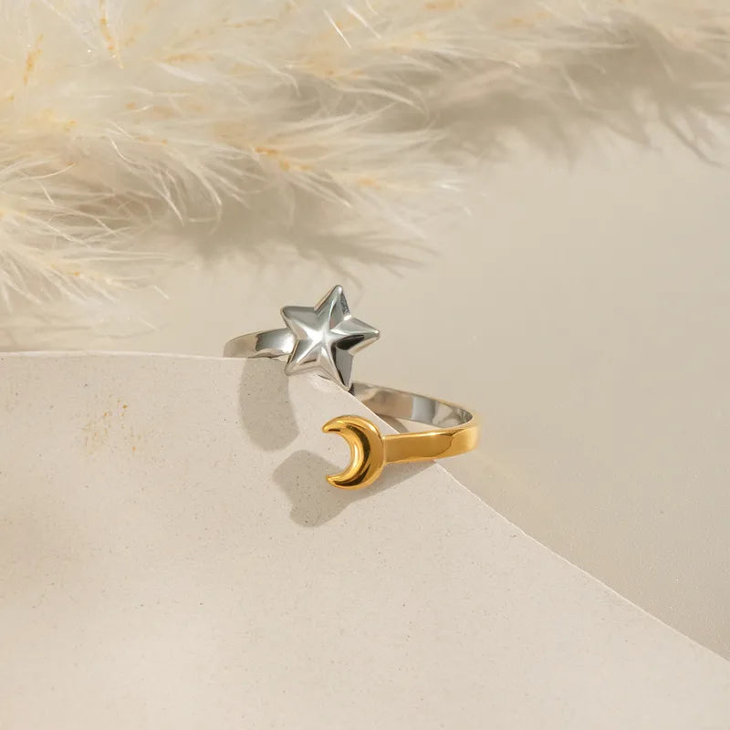 Wholesale Jewelry Casual Elegant Star Moon 304 Stainless Steel 18K Gold Plated PVD Coated Polishing Plating Rings