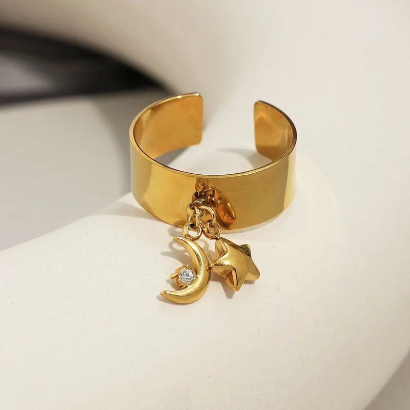 Wholesale Jewelry Casual Simple Style Star Moon 304 Stainless Steel 18K Gold Plated Star Adjustable Ring