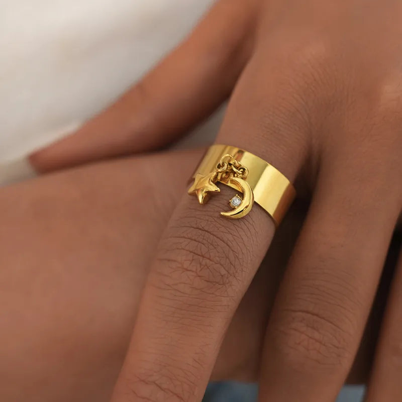 Wholesale Jewelry Casual Simple Style Star Moon 304 Stainless Steel 18K Gold Plated Star Adjustable Ring