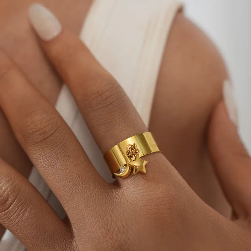 Wholesale Jewelry Casual Simple Style Star Moon 304 Stainless Steel 18K Gold Plated Star Adjustable Ring