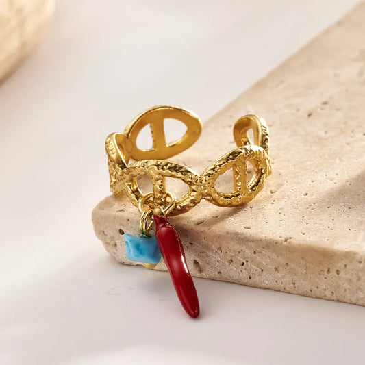 Wholesale Jewelry Casual Vacation Simple Style Cross Tassel Chili Copper 18K Gold Plated Long-Lasting Plated Polishing Enamel Plating Charm Rings Open Rings