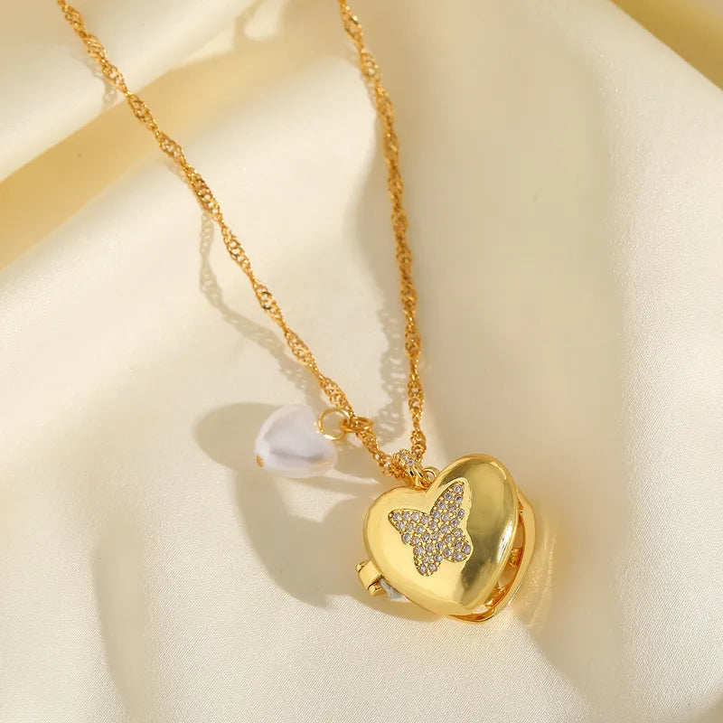 Wholesale Jewelry Cute Romantic Artistic Geometric Heart Shape Butterfly 304 Stainless Steel Copper Imitation Pearl Zircon 18K Gold Plated Plating Inlay Singapore Chain Multi Charms Necklace Locket Necklace