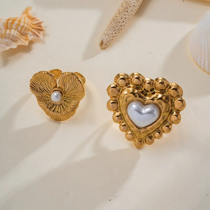 Wholesale Jewelry Elegant Cute Romantic Irregular Heart Shape Flower 304 Stainless Steel Imitation Pearl 18K Gold Plated Plating Inlay Open Rings