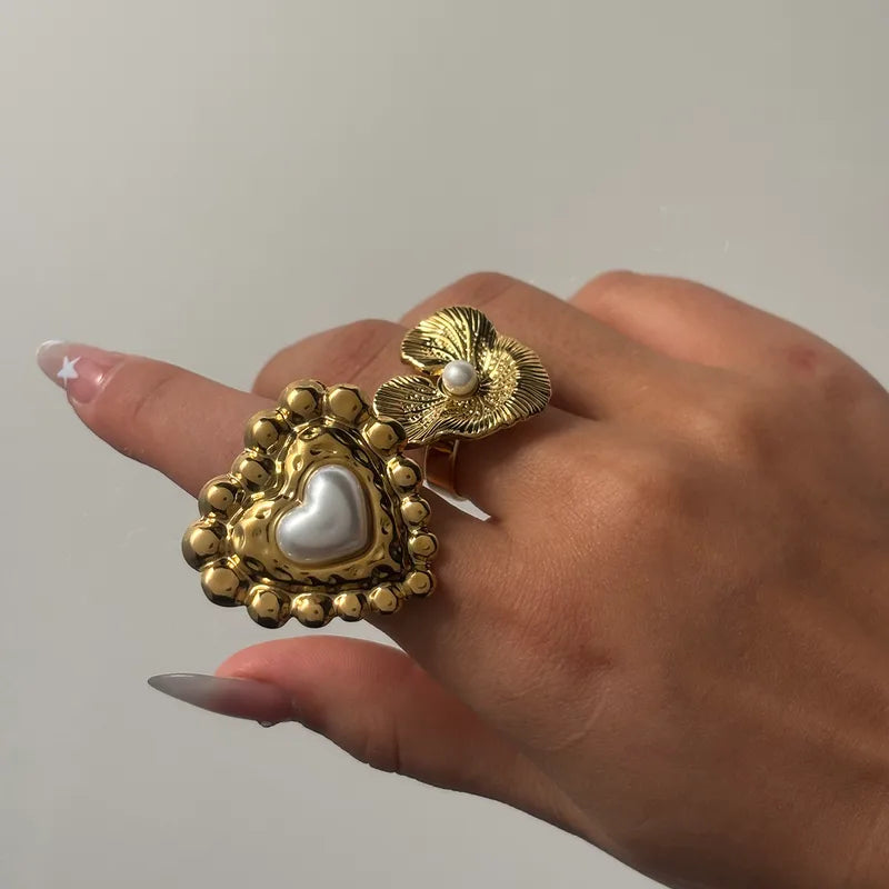 Wholesale Jewelry Elegant Cute Romantic Irregular Heart Shape Flower 304 Stainless Steel Imitation Pearl 18K Gold Plated Plating Inlay Open Rings