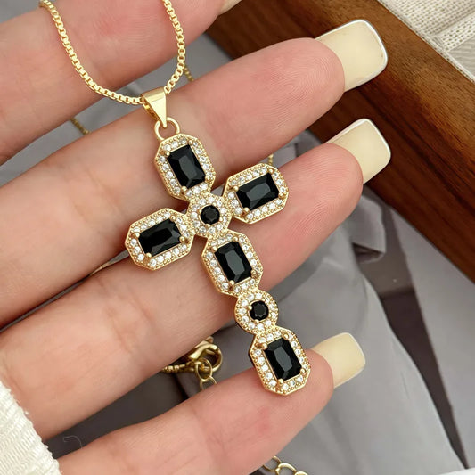 Wholesale Jewelry Elegant Original Design Simple Style Cross Copper Zircon 18K Gold Plated Plating Box Chain Pendant Necklace
