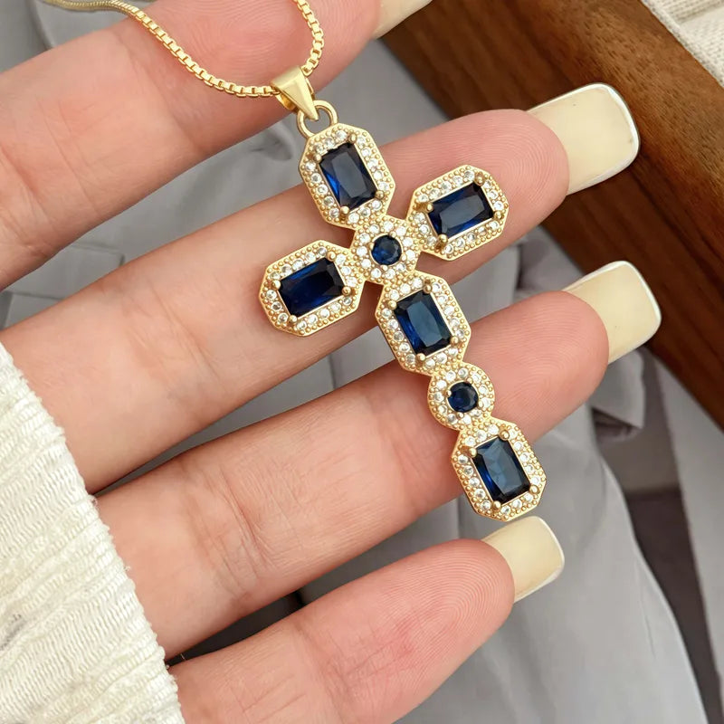 Wholesale Jewelry Elegant Original Design Simple Style Cross Copper Zircon 18K Gold Plated Plating Box Chain Pendant Necklace